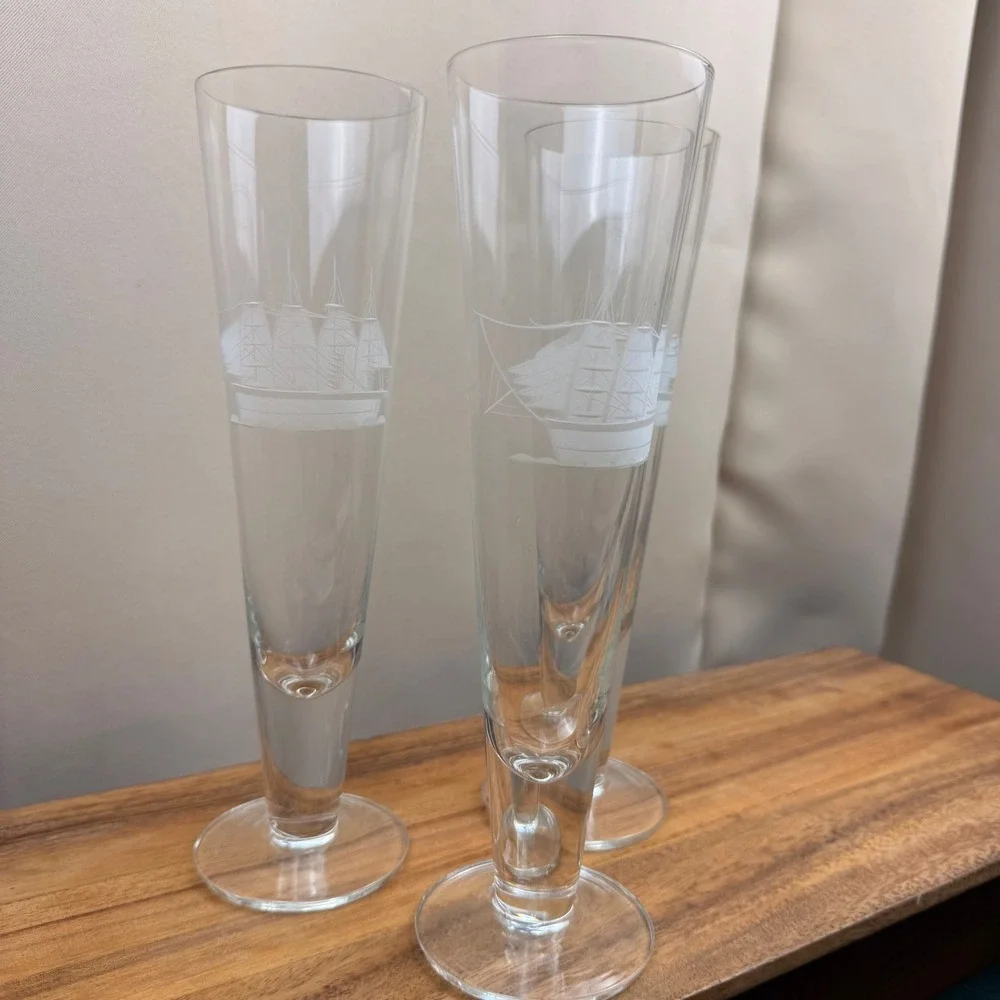 Toscany Etched Clipper Ship Tall Pilsner Glasses Set of 3 Nautical Clear Glass